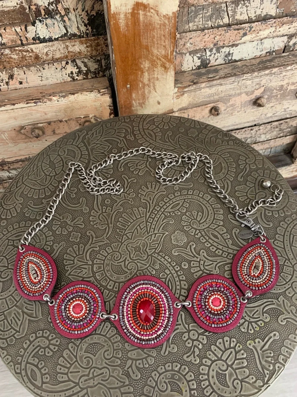 Chico's Ibiza Pink Red Leather Beaded Medallion Silver Tone Chain Belt Boho 50”